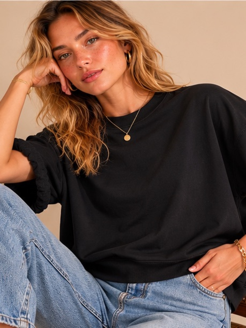Perfectwhitetee Navy Puff Sleeve Sweatshirt Top Large